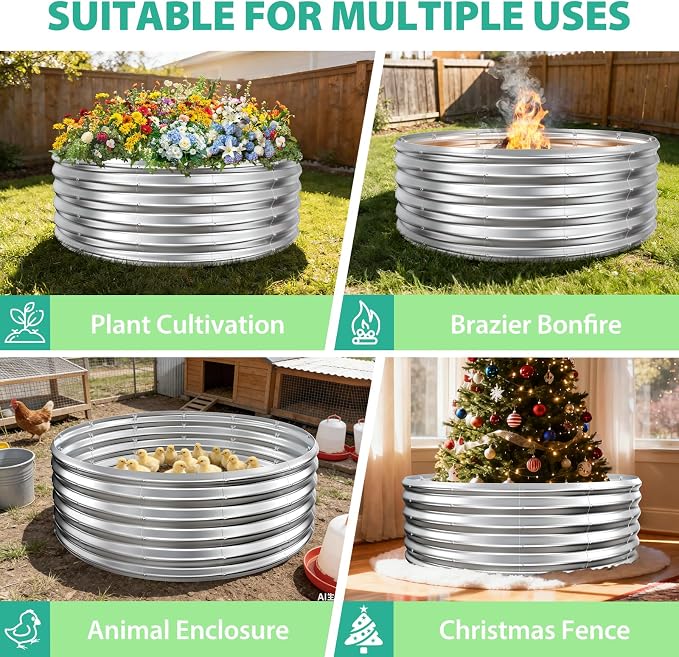 YSEJOMP 17" Tall Round Outdoor Garden Raised Garden Bed Kits-0.8MM Thick Metal Raised Planter Bed/Ground Planter Box for Variety of Flowers,Herbs,Vegetables,Trees (Silver, 48 Dia X 16.5inches)
