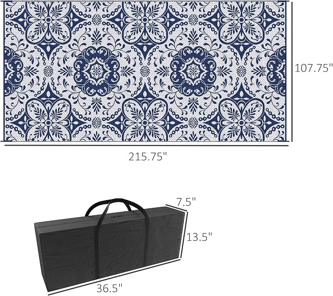 Outsunny Reversible Outdoor Rug Carpet, 9' x 18' Waterproof Plastic Straw Rug, Portable RV Camping Rugs with Carry Bag, Large Floor Mat for Backyard, Deck, Picnic, Beach, Blue & White Floral