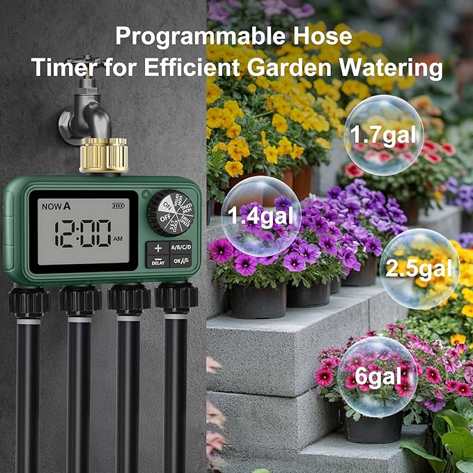 Water Timer for Outdoor Garden Hose, Sprinkler Timer for Garden Faucet with Auto/Manual/Rain Delay Mode, Sprinkler Irrigation Controller for Yard Lawn (4 Zones Brass Inlet)