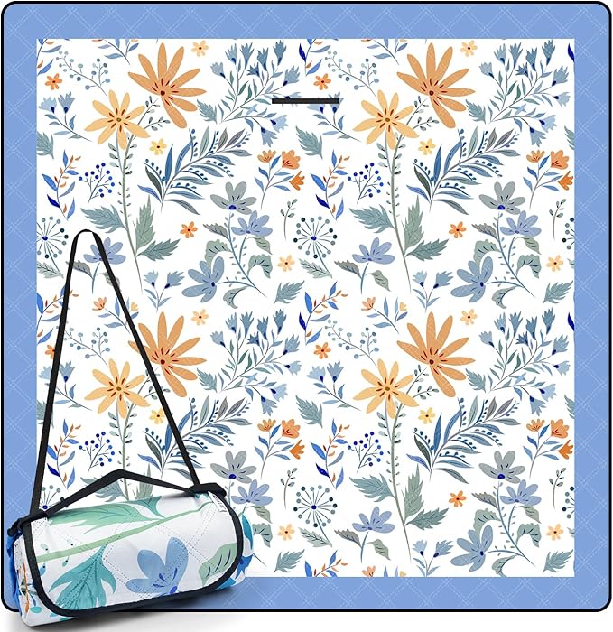 DEWUR Picnic Blankets 79"x79" Extra Large Outdoor Blanket Beach Blanket Waterproof SandProof Picnic Mat Washable Foldable Portable for Grass Lawn Beach Camping (White with Flowers)