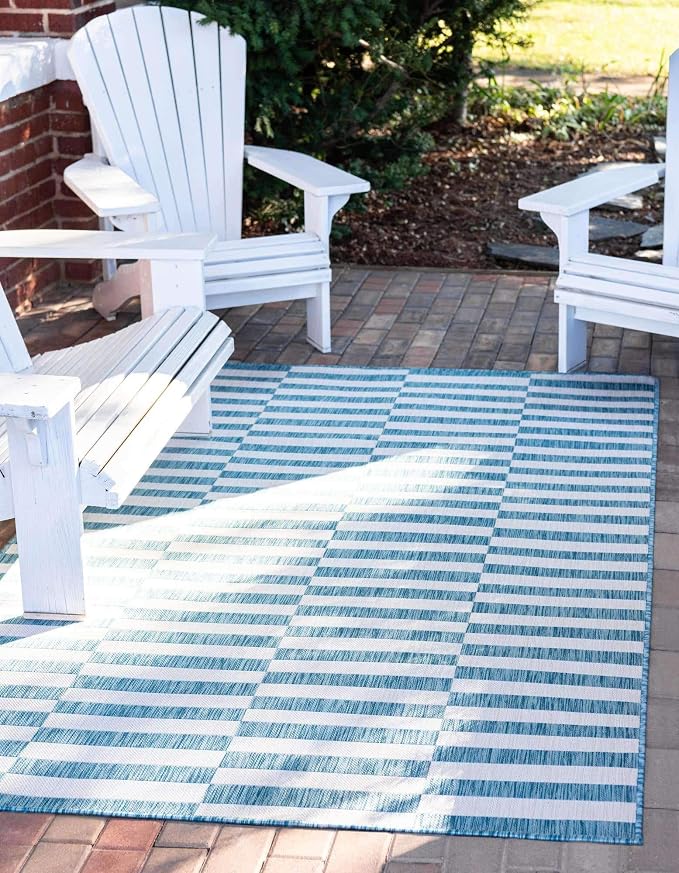 Unique Loom Outdoor Striped Collection Area Rug - Striped (9' x 12' Rectangle, Light Aqua/Ivory)