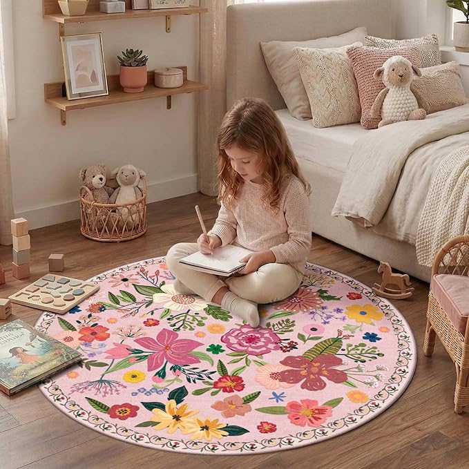 Latte&Fog 4ft Pink Round Area Rug for Girl Bedroom Washable Cute Circle Rug | Non Slip Low Pile Soft Floral Small Carpet for Kids Playroom Nursery Classroom Dorm Decor Dining Kitchen Farmhouse Office