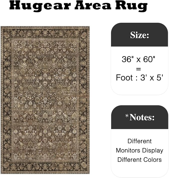HUGEAR 3x5 Machine Washable Rugs Brown Hallway Area Rug Indoor Accent Rug Floral Low Pile Carpet Soft Throw Rug Bedroom Living Room Office Dining Room Kitchen Laundry Room Non Slip