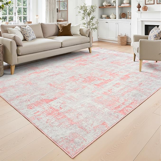 Toneed Washable 5x7 Area Rug with Non-Slip Backing for Living Room | Abstract Modern Rugs, Soft Low Pile Carpet for Bedroom Kitchen Dining Room Nursery Indoor Floor Office Home Decor, Pink Grey