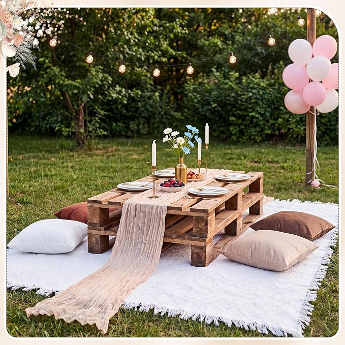 Moukeren 10 Pcs 71''x102'' Extra Large White Outdoor Boho Picnic Blanket with Table Runner and 8 Throw Pillow Covers Oversized Washable Portable Beach Blanket for Picnic Camp Lawn Wedding