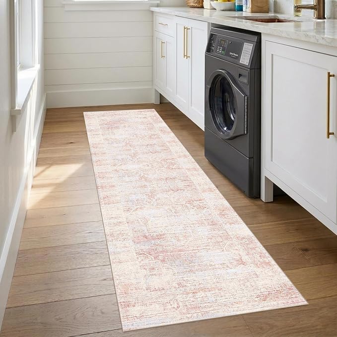 Latte&Fog Washable Hallway 2.6x8 Runner Pink Rug for Kitchen Non Slip | Low Pile Soft Cute Throw Rug Doormat for Entrance Bathroom Laundry Bedside Bedroom Nursery Playroom Hallyway Dorm Office