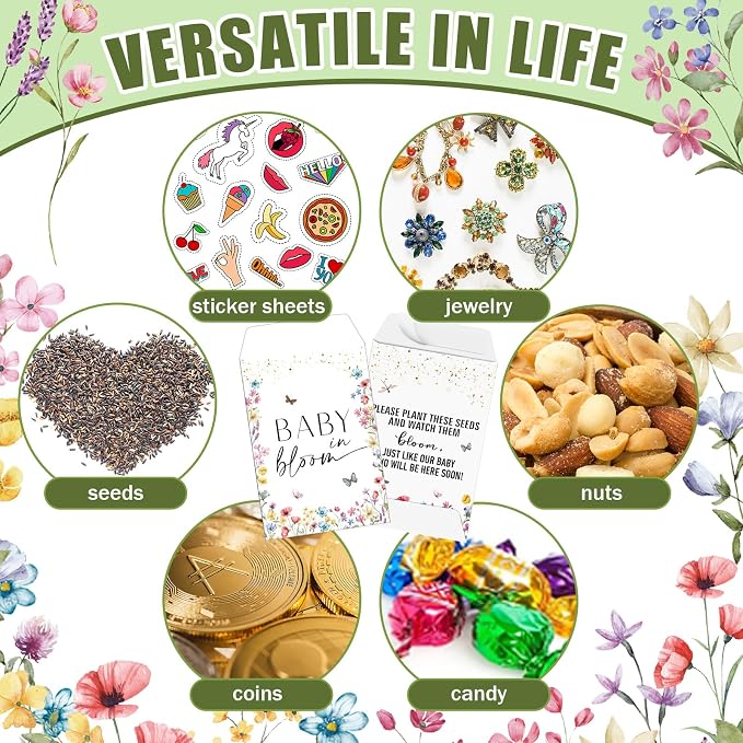 Reallnaive Baby Shower Party Favors Baby in Bloom Envelopes Seed Packets Include 96 Mini Terracotta Pots Seed Packets 96 Self Adhesive Envelopes Thank You Tags for Party(96 Pcs, Wildflower)