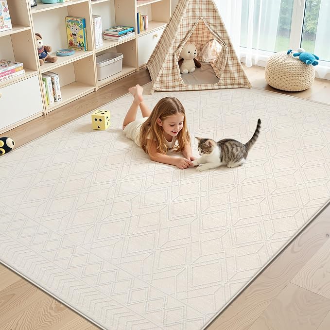 6x9 Area Rugs Washable Rug: Geometric Moroccan Farmhouse Rugs Large Living Room Rug Modern Neutral Soft Non-Slip Printed Pattern Carpet for Bedroom Dining Room Nursery Office (Beige, 6'x9')
