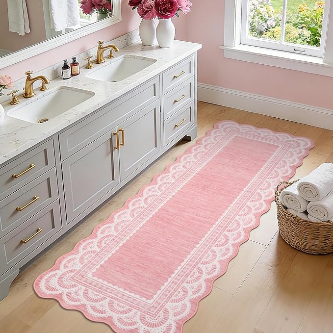 Garvee 2x6 Washable Scalloped Lace Runner Rug, Soft Rugs for Hallway Pink | Non Slip Entryway Rug, Scalloped Rug for College Playroom Kids Girls Room, Non-Shedding Low Pile Rugs Runner for Bedroom