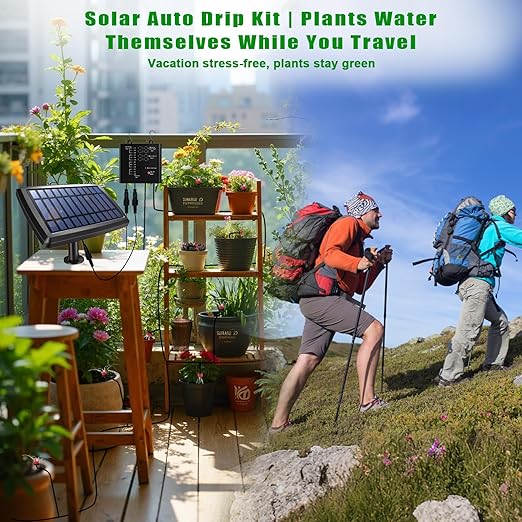 Solar Drip Irrigation System for 10 Potted Plants, Auto Watering Kit with 32FT Hose & 10 Drippers, Smart Timer & Low Water Alarm, Self Watering for Outdoor Balcony, No Electricity Needed