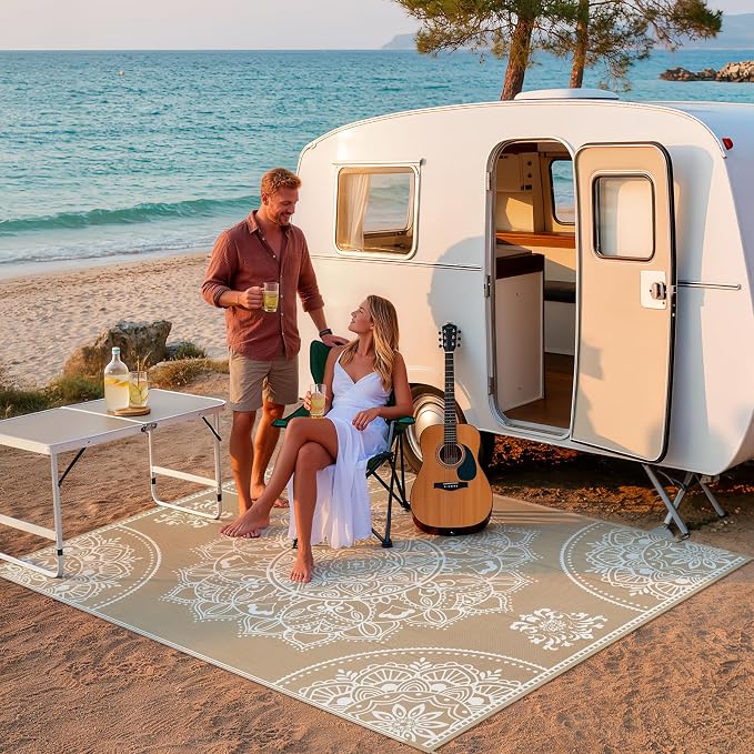 Pauwer Waterproof Outdoor Rug 8x10, Reversible Plastic Straw Patio Camping Rug, Indoor Outdoor RV Mat Carpet for Deck, Camper, Porch, Balcony, Backyard, Picnic, Floral Brown