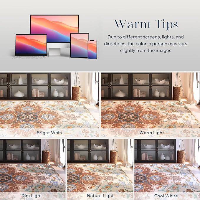 Phantoscope Washable Area Rug 5'x7' Non-Slip, Vintage Boho Rugs for Living Room, Bedroom, Dining Room, Fall Orange Floral Medallion Pattern, Low-Pile Foldable Floor Carpet, Rust/Multi Floral
