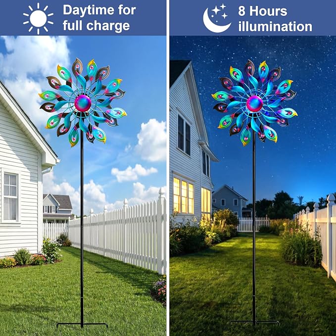 360°Peacock Solar Wind Spinner with Lights Blue Metal Garden Outdoor Decor Yard Lawn Art Decor for Patio Kinetic Windmills Unique Gifts for Friends and Family 51.9' H x 12.2'' Dia