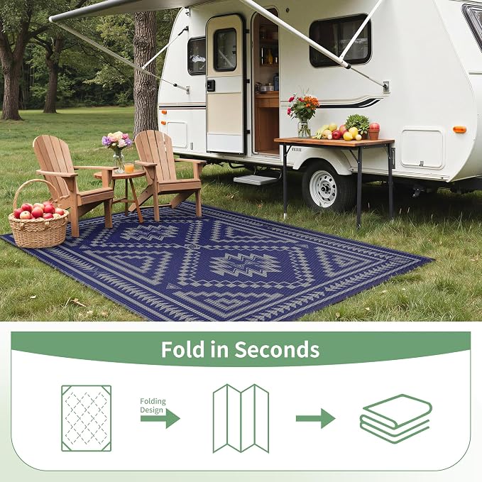 GENIMO Outdoor Rug for Patio Clearance - 6x9 ft Waterproof Plastic Camping Rugs, Reversible Outside Rv Mat Carpet for Porch, Deck, Picnic, Balcony, Beach, Backyard, Blue Grey