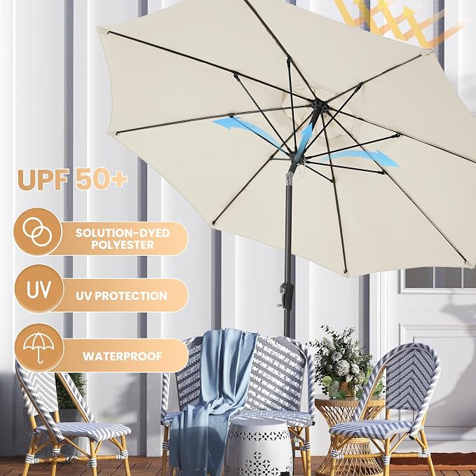 Ayge 9FT Large Outdoor Patio Umbrella Market Table Umbrella-UV Resistant, Easy Push Button Tilt and Crank, 8 Sturdy Fiberglass Ribs Heavy-Duty Pool Umbrella for Deck, Backyard,Garden,White