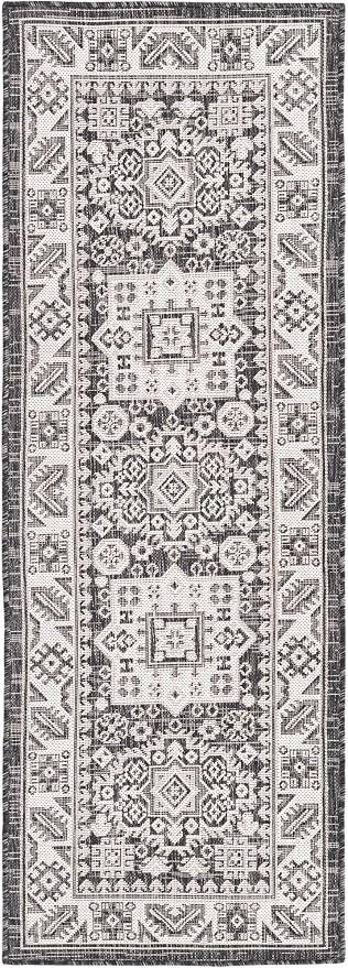 Unique Loom Outdoor Aztec Collection Area Rug - Chalca (2' x 6' 1" Runner, Charcoal Gray/ Ivory)