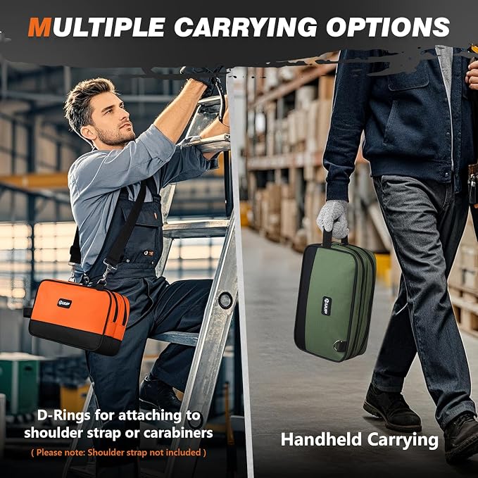 UUP 12" Tool Bag 2-Pack, Divider Zipper Pouch w/Handle, Tool Box Organizer | Waterproof, Heavy-duty oxford, smooth zipper, bright orange & green. small storage case for car work tools. electrician gift