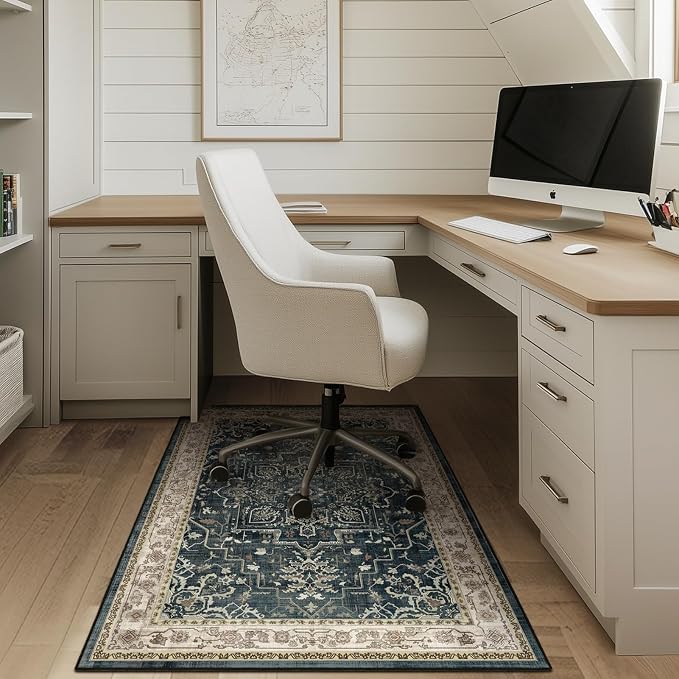 Farmhouse Distressed 3x5 Area Rugs for Entryway Foyer, Washable Non Slip Low Pile Throw Rugs for Kitchen, Vintage Medallion Pinted Carpet for Bedroom/Bathroom/Home Office, Midnight/Multi