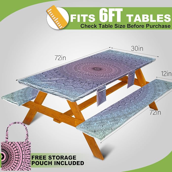 Wrakus Picnic Table Cover with Bench Covers Vinyl Elastic Edges Fitted Rectangle Seat Tables Waterproof 3-Piece72X30in Set Outdoor Rectangular Folding Backing Tablecloth for Camping Over Size
