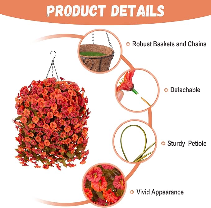 INXUGAO Artificial Flowers Plants with Hanging Basket, Fake Realistic Silk Morning Glory Petunia Long Vines, Faux Flower Arrangement for Outdoor Garden Patio Decor, OrangeRed