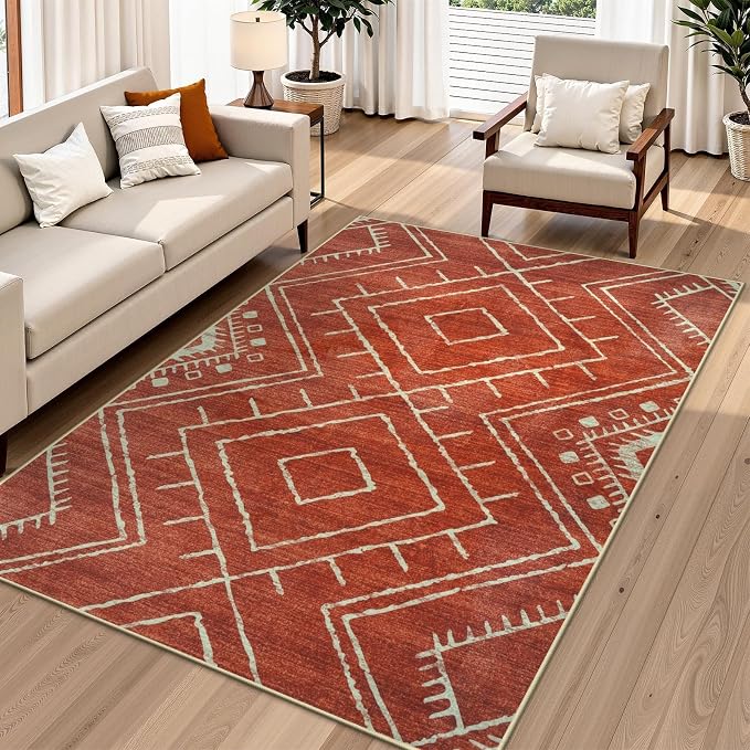 LIVEBOX Western 5x7 Area Rug, Washable Orange Rugs for Living Room Bedroom, Soft Non Slip Moroccan Tribal Rug Geometric Boho Area Rugs Diamond Carpet for Dining Room Home Office Decor (Brick Red)