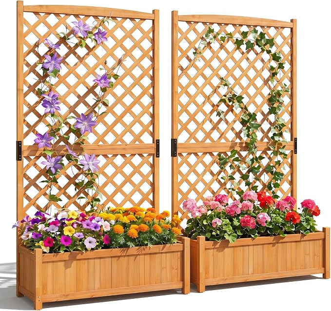 Giantex 2 Pcs Raised Garden Bed with Trellis, 71" Wooden Elevated Planter Box, High Trellis for Plant Flower Climbing Pot Hanging, Indoor & Outdoor Planter Box for Yard, Garden, Balcony
