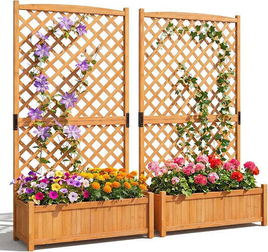 Giantex 2 Pcs Raised Garden Bed with Trellis, 71" Wooden Elevated Planter Box, High Trellis for Plant Flower Climbing Pot Hanging, Indoor & Outdoor Planter Box for Yard, Garden, Balcony