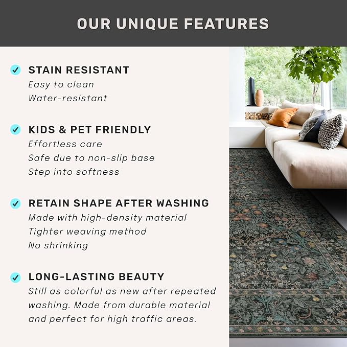 Vintage Dark Green Living Room Rug, 7x10 Washable Area Rugs for Dining Room Under Table, Bedroom, Oriental Low Pile Stain Resistant Non-Slip Thin Soft Carpet