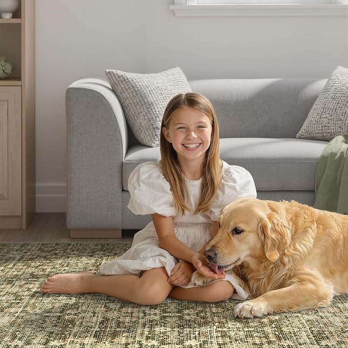DCX 2x3 Neutral Rug, Kid & Pet Friendly with Rubber Back Non Slip, Machine Washable Stain Resistant Olive Green Floral Rug for Living Room, Bedroom, Soft Low Pile Large Nursery Carpet
