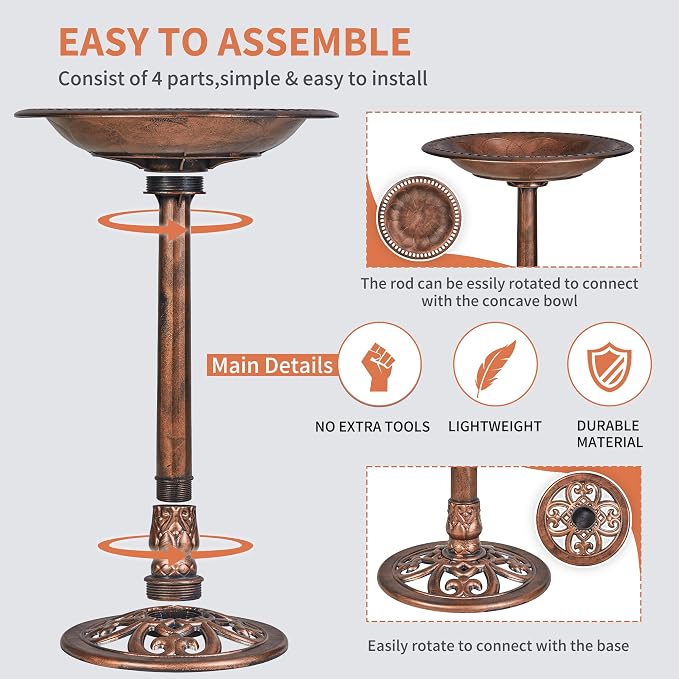 VECELO 28" Pedestal Outdoor Bird Bath with Solar Powered Fountain for Outside, Vintage Bronze Polyresin Lightweight Antique, Yard/Garden Decoration, Bronze