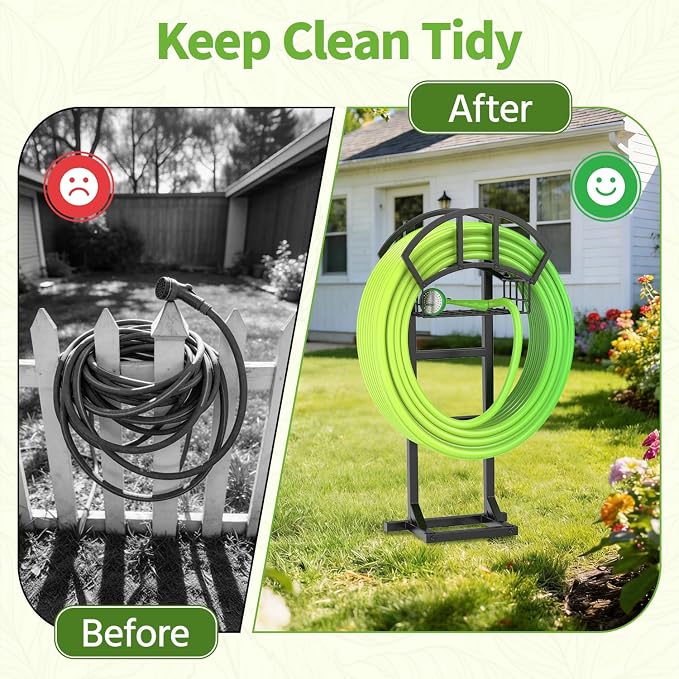 LASZOLA Garden Water Hose Holder Hanger for Outside, Freestanding Garden Hose Reel Rack Outdoor with Storage Basket, Heavy Duty Metal Water Pipe Stand 5 Spikes for Patio Yard Lawn, Holds 151ft, Black