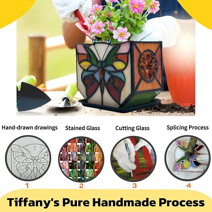 Handcrafted Stained Glass Butterfly Planter, Cute Planters for Indoor Plants,Decorative Indoor Flower Pot, Cactus Pot, with Drainage,Home Garden Decor