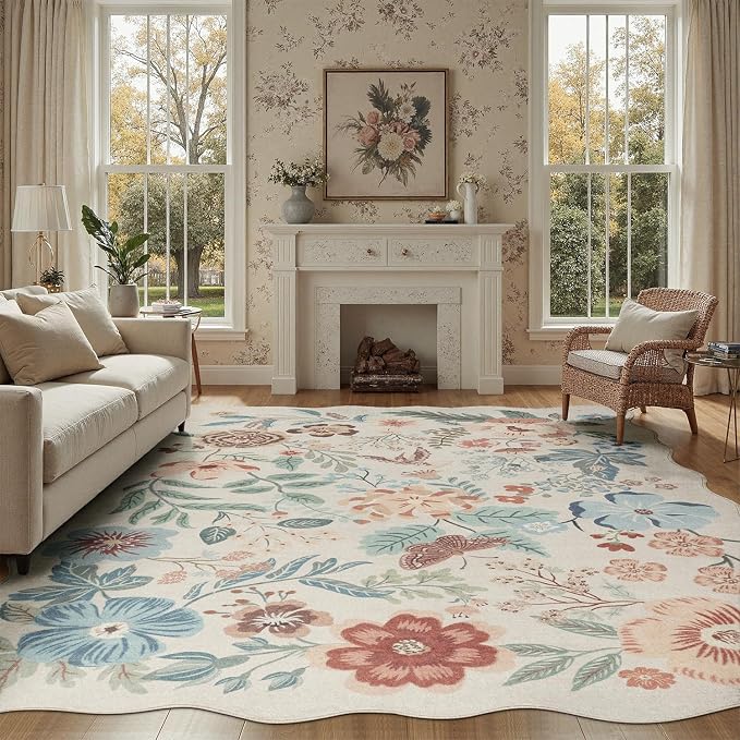DCX Vintage Floral Washable Area Rug 8x10, Non Slip Low Pile Rug, Beige | Rugs for bedroom, living room, dining room, office, soft, kid & pet friendly, sain resistant indoor carpet, home decor