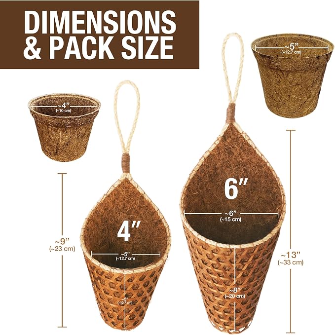 Thai Coconut Fiber Hanging Plants Flowers Basket for Patio Summer Outdoor Outside Decoration (4 Inch & 6 Inch Duo Pack)