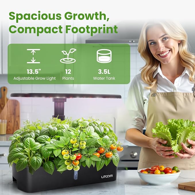 litokam 12-Pod Hydroponics Growing System Kit with LED Grow Light, 24W 3.5L Indoor Herb Garden Planter with Quiet Water Pump, 24H Timer 2 Grow Modes Hydroponics Garden for Home Kitchen Office Gifts