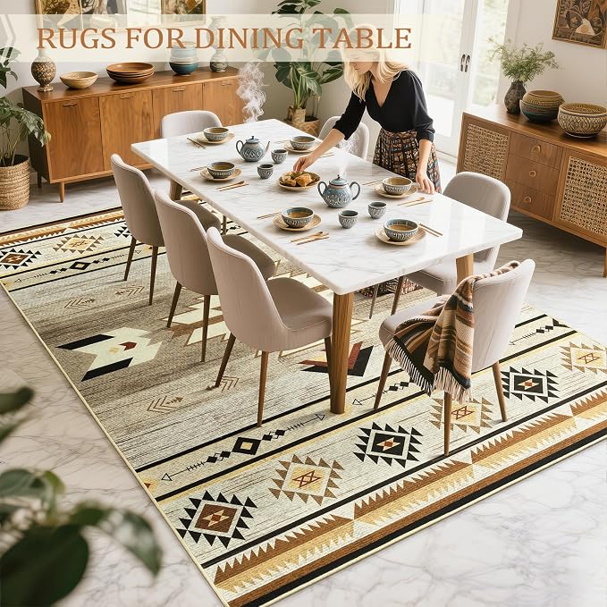BENRON Western Area Rugs for Living Room Bedroom 5x7, Washable, Beige Brown | Non Slip Southwest aztec Rustic Rugs for Dining Table Kitchen Home Decor