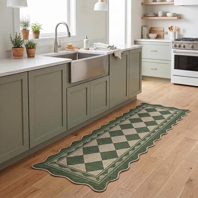Garvee Easy Jute 2x6 Scalloped Kitchen Rugs Washable Rugs，Green | Indoor Outdoor Washable Rugs for Living Room Low Pile Floor Cover for Entryway Stain Resistant Indoor Carpet for Hallway