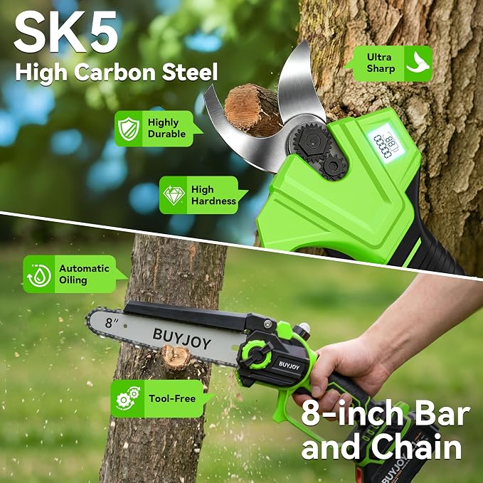 BUYJOY 4-in-1 Electric Pruning Shears & 8 Inch Pole Saw Combo, 1.8" Cutting Diameter Cordless Pruner, 2×4.0Ah Batteries, Adjustable Branch Cutter for Tree Trimming and Garden Pruning