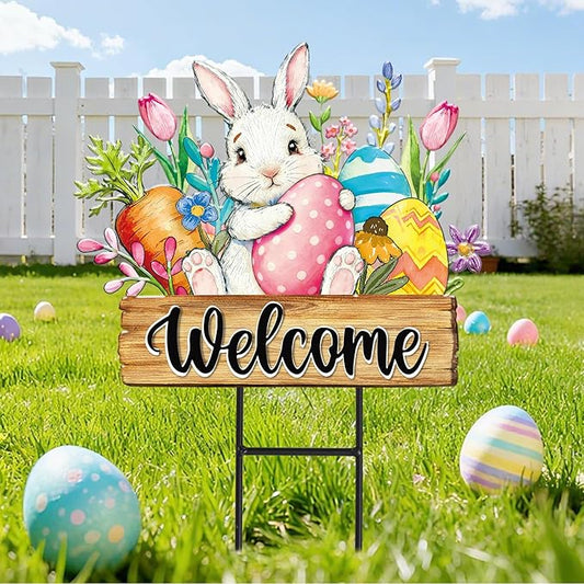 JarThenaAMCS Easter Metal Garden Stake Welcome Yard Sign Watercolor Bunny Rabbit Egg Floral Decorative Lawn Sign for Spring Home Outside Lawn Porch Walkway Pathway
