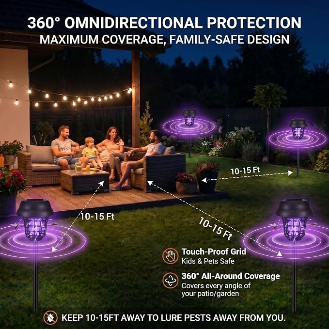 4 Pack Solar Bug Zapper Outdoor Waterproof Mosquito Repellent Outdoor Patio Mosquito Trap & Killer for Moths, Gnats, Flies, Small Flying Insect, Solar Powered Fly Zapper for Garden, Patio, Backyard