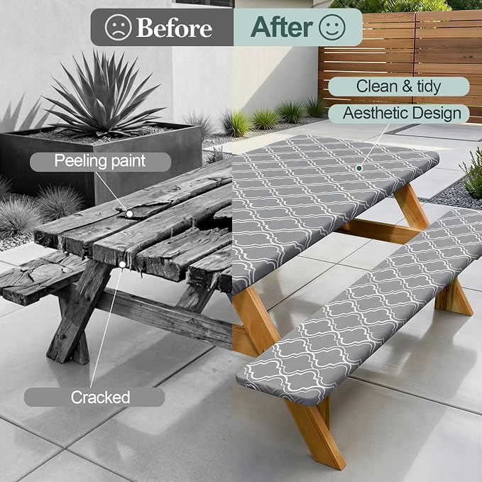 Play Tailor Picnic Table Cover with Bench Covers Camping Essentials Waterproof Windproof Camping Tablecloth with Drawstring Bag, Fitted Rectangle Tables and Seats, 72in, Grey