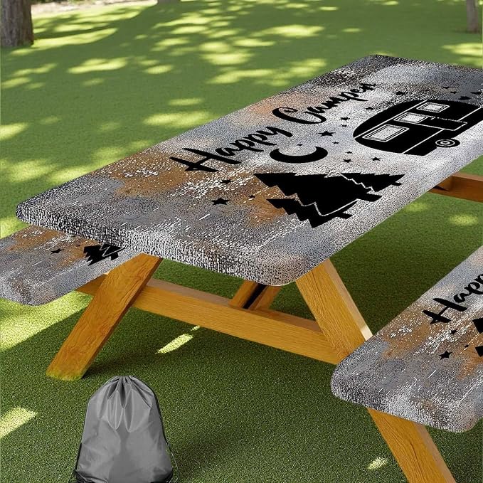 Picnic Table Cover with Bench Covers Elastic Edges, Black Grey Happy Camper Fitted Table Cover, Outdoor Patio Camping Essentials 60 Inch 3PCS, Waterproof Camping Tablecloth with Drawstring Bag