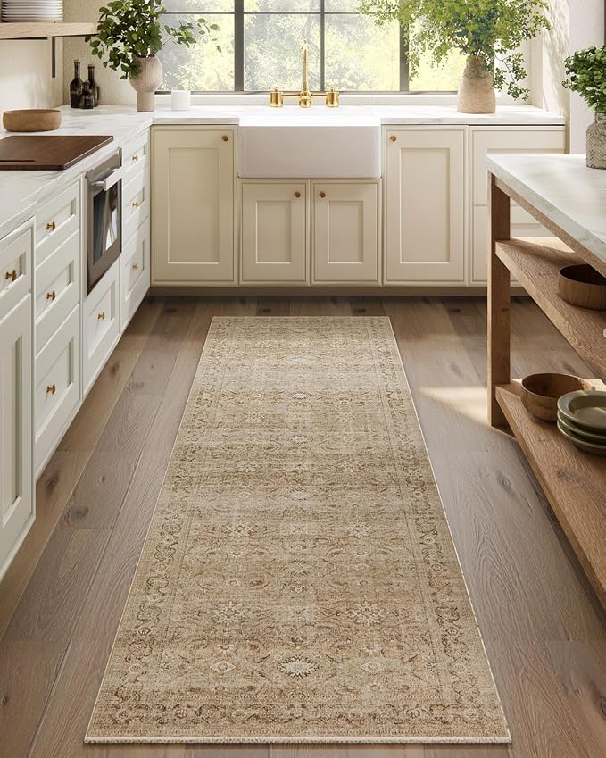 Machine Washable Runner Rugs for Entryway: 2'6"x8' Kitchen Runner Rug with Rubber Backing Non Slip Low Pile Soft Faux Wool Boho Carpet Runners for Hallways Bedroom Living Room Farmhouse Indoor