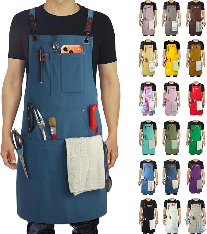 Kitchen Apron, Work Apron, Canvas, Multiple Pockets, Gardening, Painting, BBQ, Artist, Carpenter, Sizes M to XXL, Blue | Multiple Pockets, Gardening, Painting, BBQ, Carpenter, Sizes M to XXL
