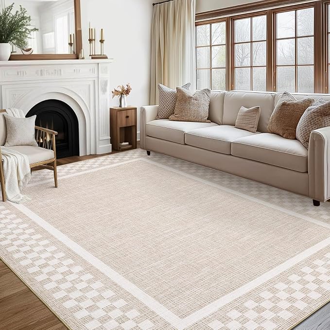 GarveeHome Washable Area Rug 6x9 Large Living Room Modern Border Throw Rug | with Rubber Backing Stain Resistant Dining Room Throw Carpet Washable Scalloped Rug for Bedroom Home Decor Office, Beige