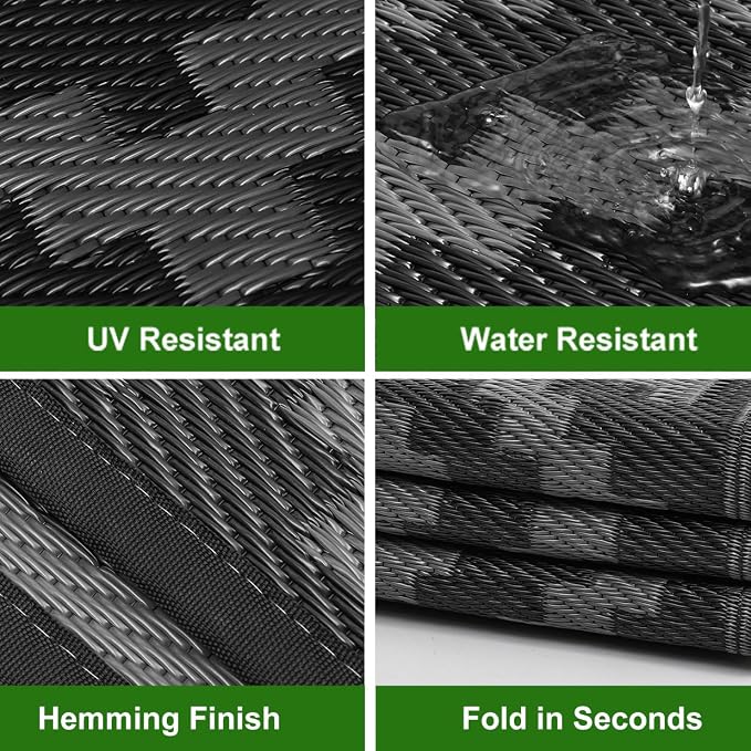 RURALITY Outdoor Rugs 6x9 Feet for Patios Clearance,Plastic Straw Waterproof Mats for Backyard,Porch,Deck,Balcony,Black&Deep Grey