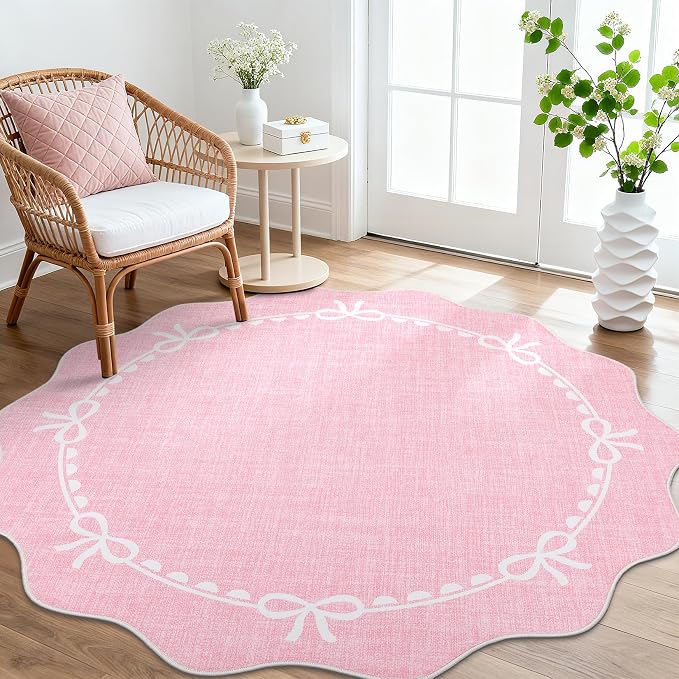GarveeHome 4ft Round Rugs Washable Scalloped Bow Rug for Bedroom, Pink | Non Slip Soft Low Pile Ultra-Thin Stain Resistant Indoor Carpet for Living Room Nursery Girls Dorm Decor Kids Room Playroom