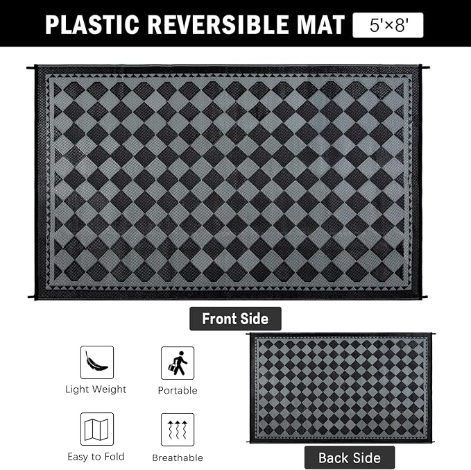 HUGEAR Outdoor Waterproof Rug 5'x8' Plastic Straw Rugs Washable Reversible Floor Mat Black/Grey Plaid Carpet for Camping RV Deck Entryance Porch Picnic Balcony Beach Backyard