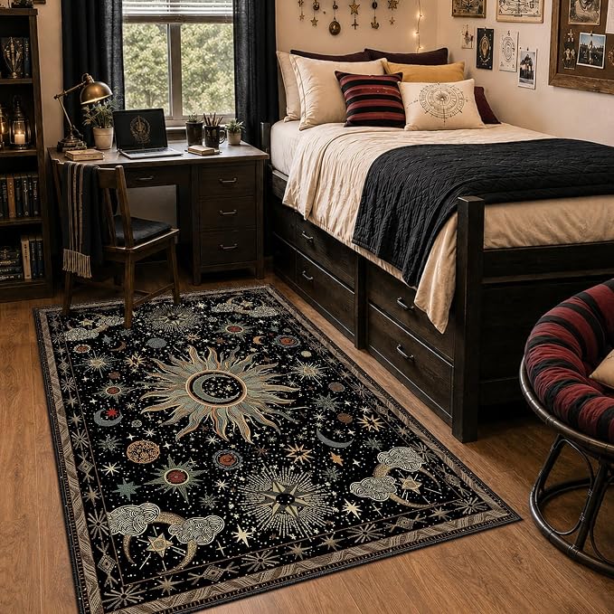 Vacuum-Friendly, 4x6 Washable Area Rug, Black Green Beige | Sun and Moon Boho Gothic Non-Slip Low Pile Living Roon Bedroom Dining Room Kitchen Entry Entryway Entrance Hallway Doormat