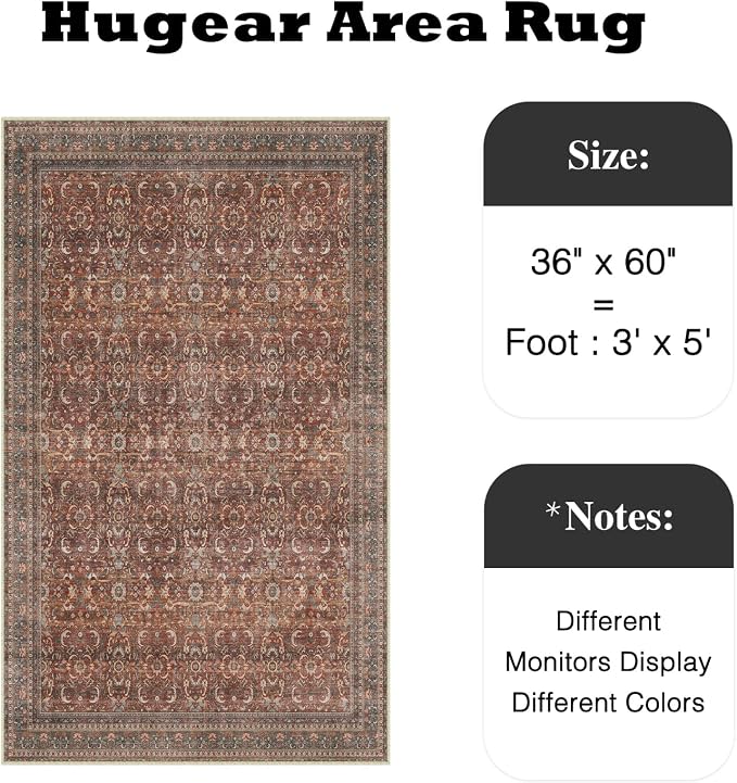 3x5 Brick Red Vintage Distressed Washable Area Rug for Entryway | Low Pile, Non Slip, Retro Style, Soft Distressed Indoor Rug for Entryway, Kitchen, Bathroom, Door Mat, Home Decor